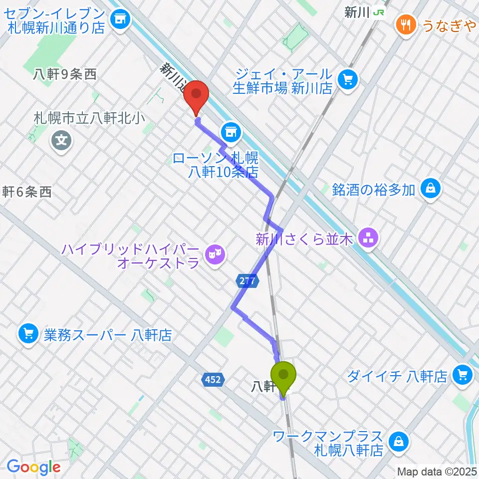八軒駅から山下ぴあの・えれくとーん教室へのルートマップ地図