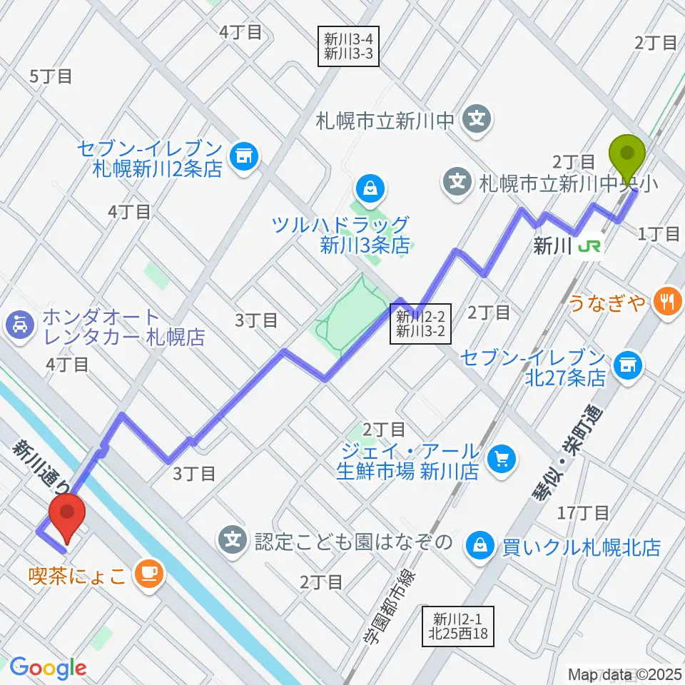 山下ぴあの・えれくとーん教室の最寄駅新川駅からの徒歩ルート（約14分）地図