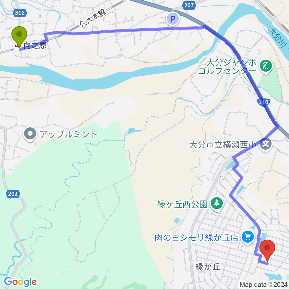 大分市緑が丘さくらいピアノ教室の最寄駅向之原駅からの徒歩ルート（約36分）地図