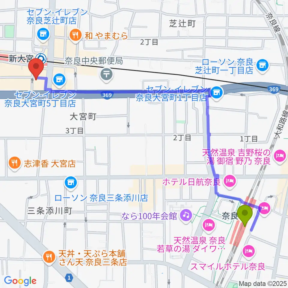 奈良駅から音楽屋 COZYへのルートマップ地図