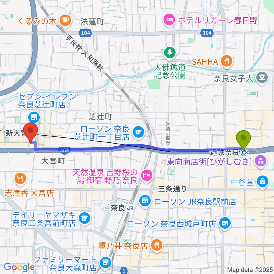 近鉄奈良駅から音楽屋 COZYへのルートマップ地図