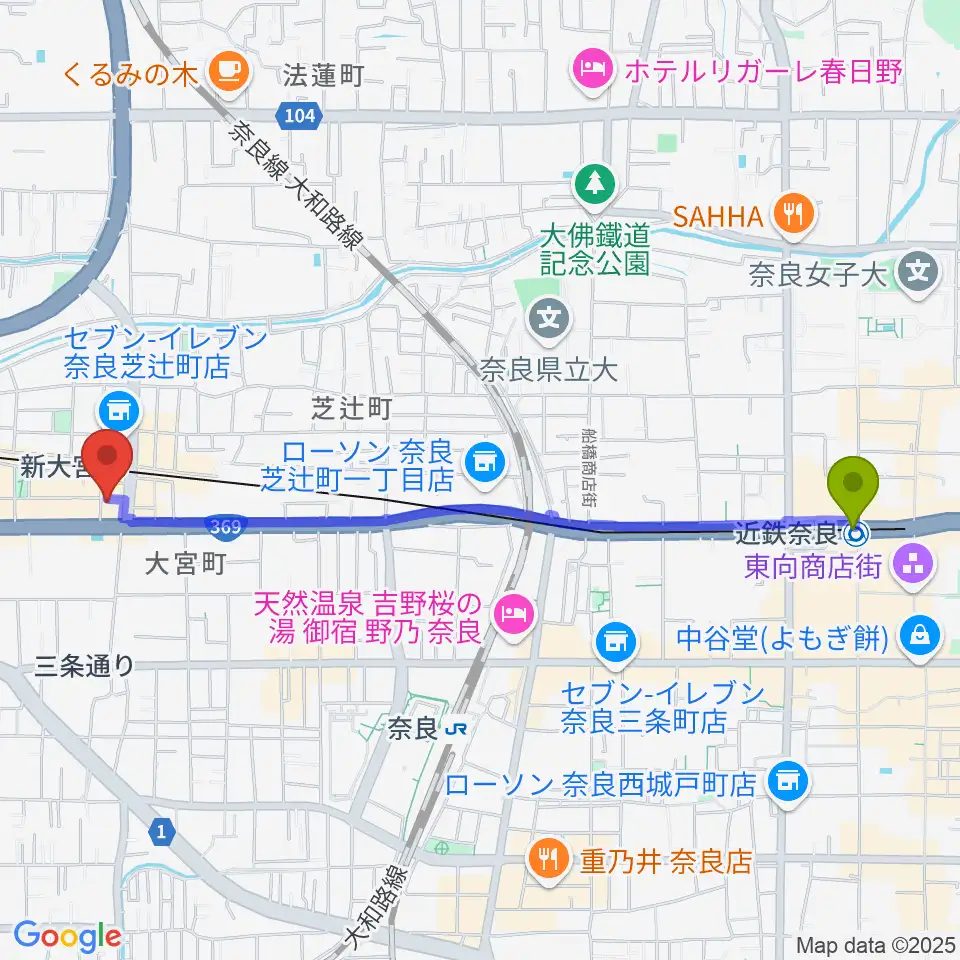 近鉄奈良駅から音楽屋 COZYへのルートマップ地図