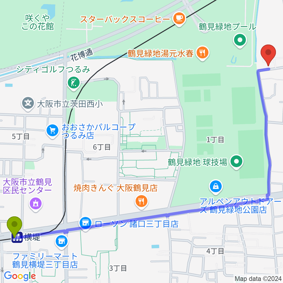 横堤駅から鶴見緑地NADGE STUDIOへのルートマップ地図