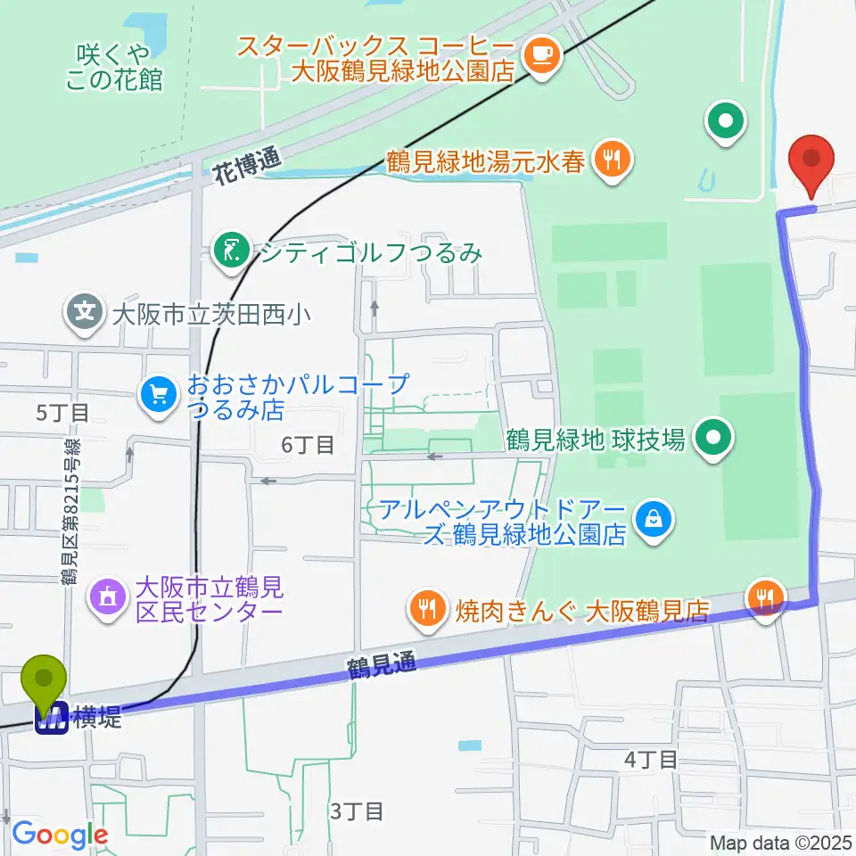横堤駅から鶴見緑地NADGE STUDIOへのルートマップ地図