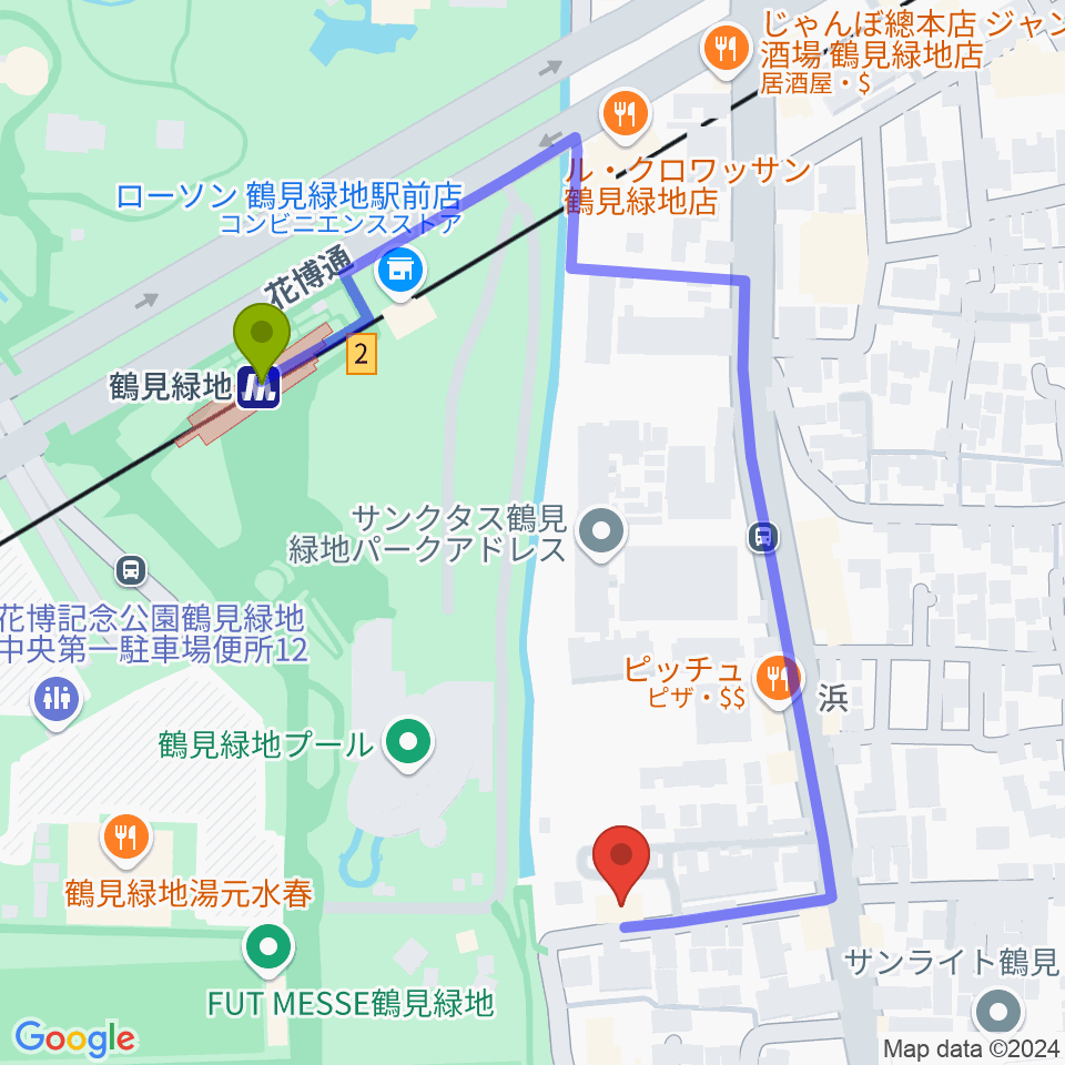 鶴見緑地NADGE STUDIOの最寄駅鶴見緑地駅からの徒歩ルート（約5分）地図