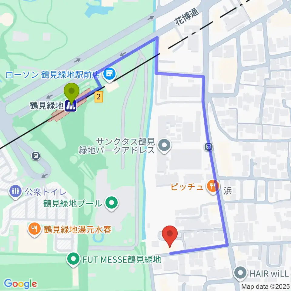 鶴見緑地NADGE STUDIOの最寄駅鶴見緑地駅からの徒歩ルート（約5分）地図