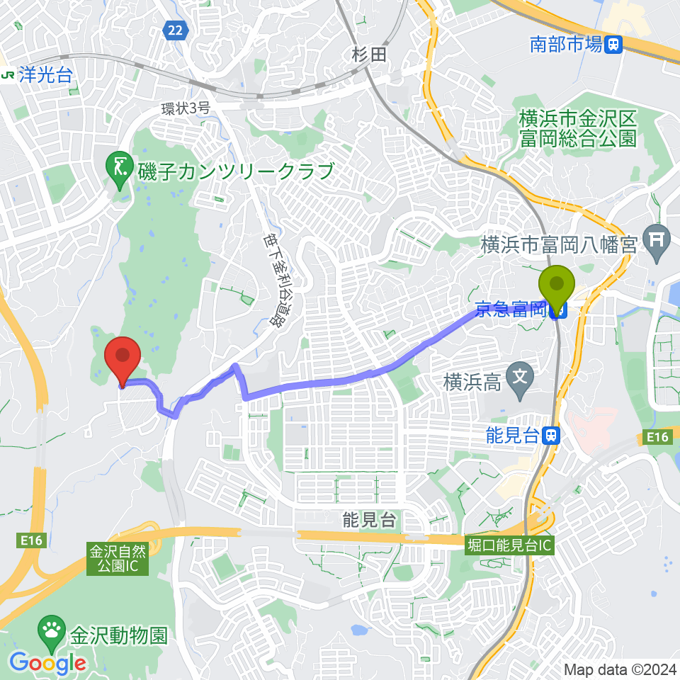 京急富岡駅からながはら音楽教室へのルートマップ地図