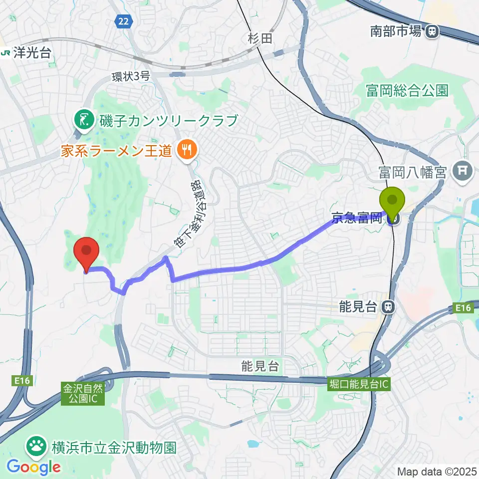 京急富岡駅からながはら音楽教室へのルートマップ地図