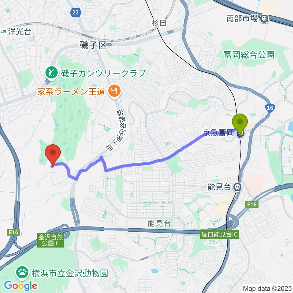 京急富岡駅からながはら音楽教室へのルートマップ地図