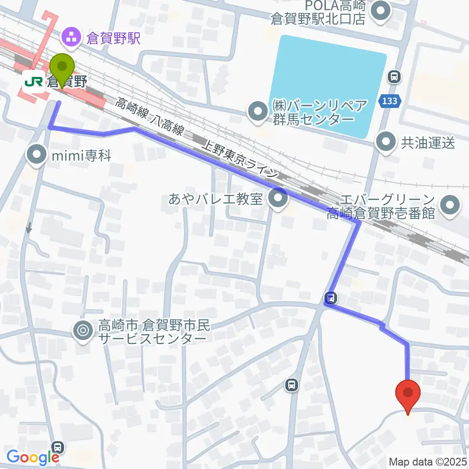 えれくとーん＆ぴあの教室の最寄駅倉賀野駅からの徒歩ルート（約8分）地図