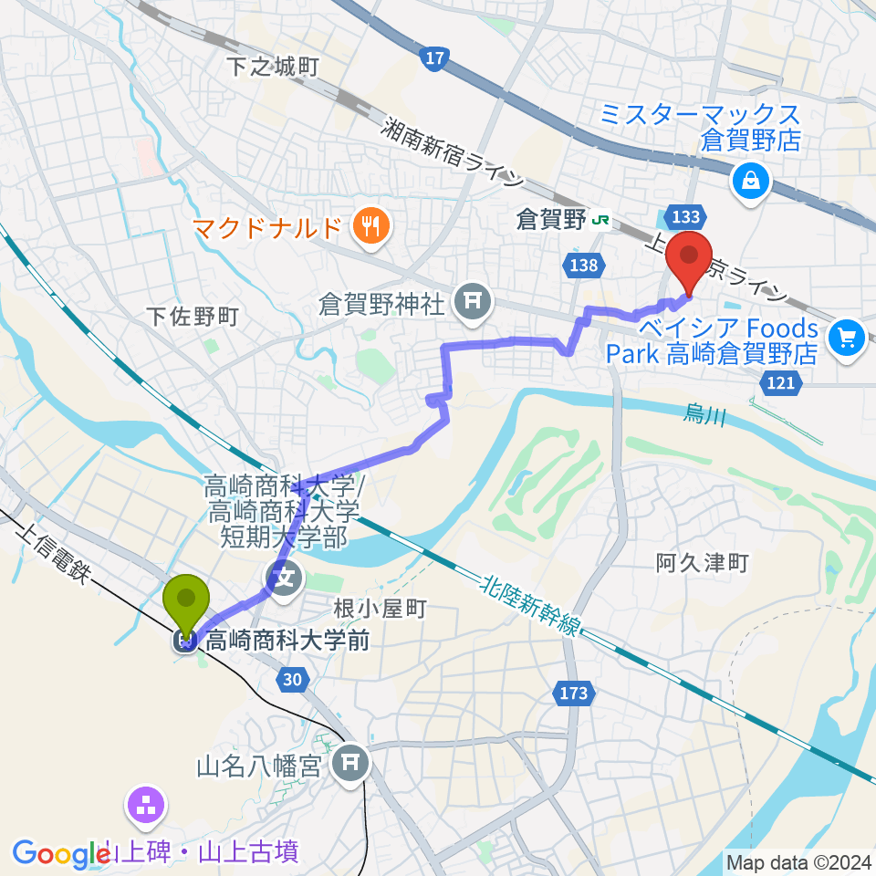 高崎商科大学前駅からえれくとーん＆ぴあの教室へのルートマップ地図