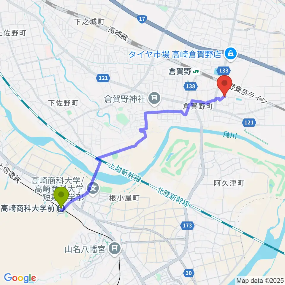 高崎商科大学前駅からえれくとーん＆ぴあの教室へのルートマップ地図