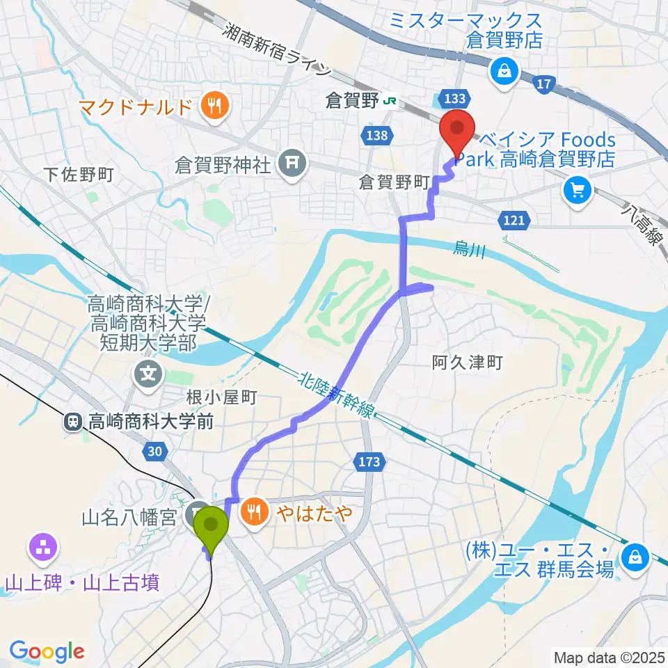 山名駅からえれくとーん＆ぴあの教室へのルートマップ地図