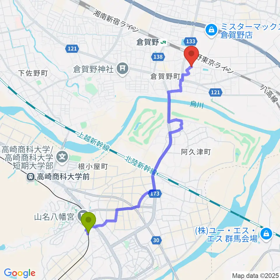 山名駅からえれくとーん＆ぴあの教室へのルートマップ地図