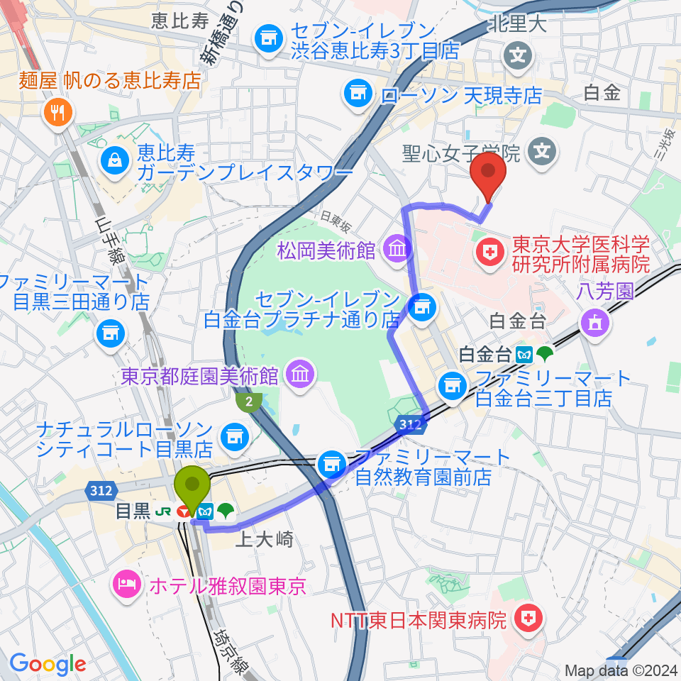 目黒駅から白金ドレミピアノ教室へのルートマップ地図