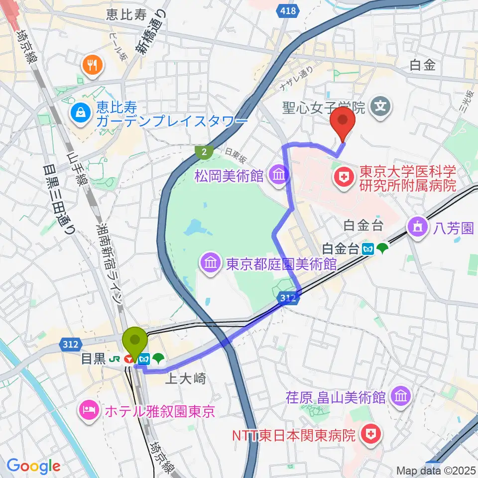目黒駅から白金ドレミピアノ教室へのルートマップ地図