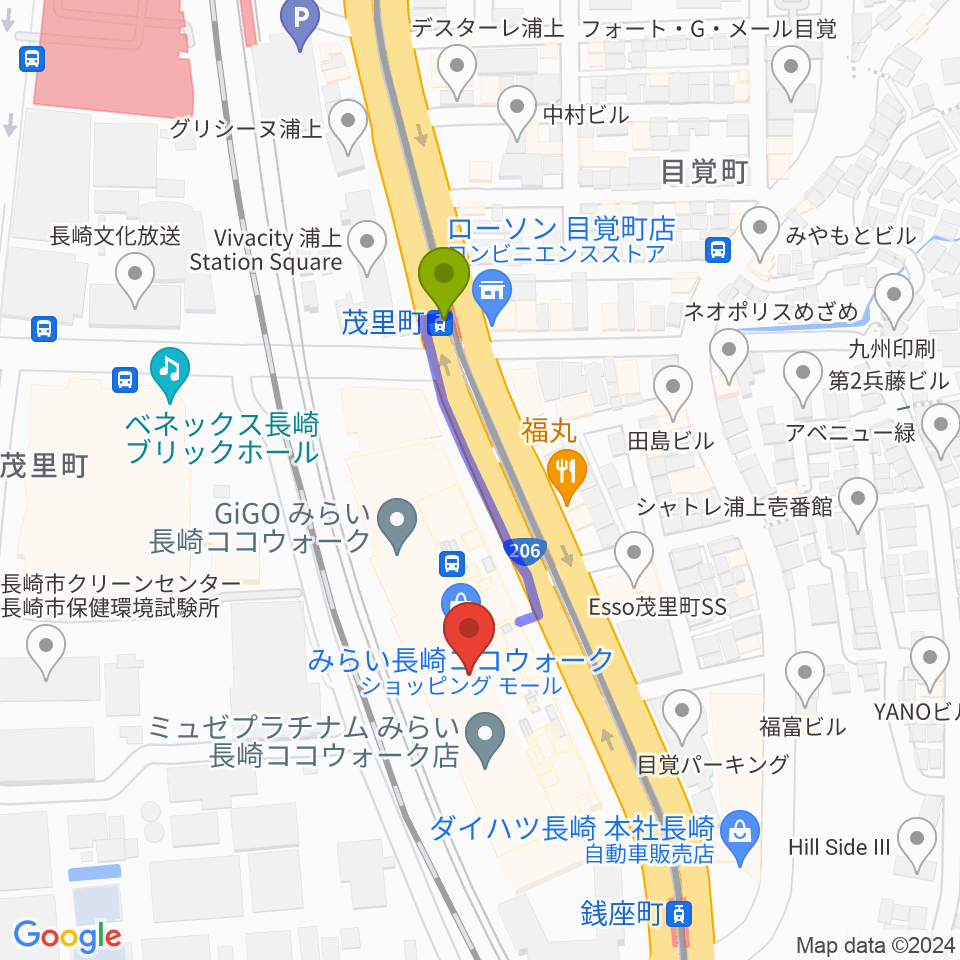 茂里町駅から長崎ココウォークセンター ヤマハミュージックへのルートマップ地図