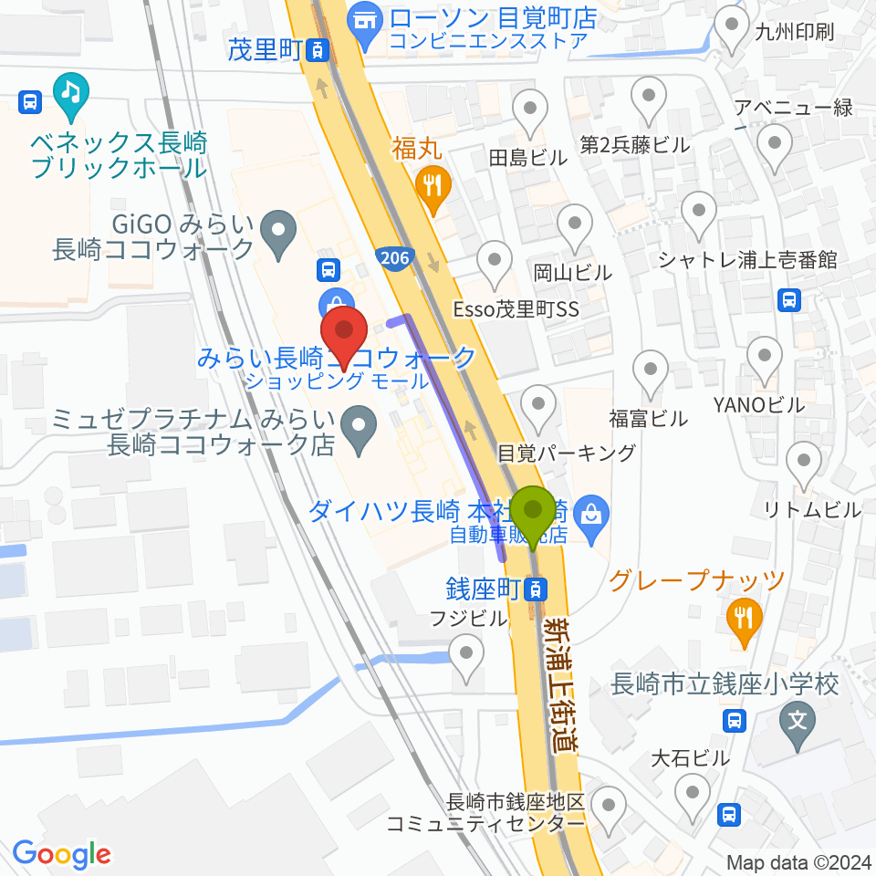 長崎ココウォークセンター ヤマハミュージックの最寄駅銭座町駅からの徒歩ルート（約2分）地図