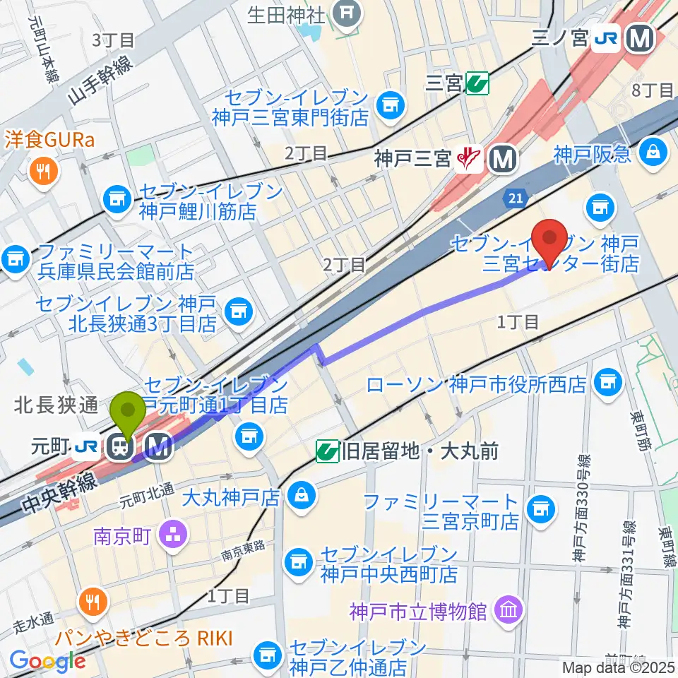 元町駅から島村楽器 三宮オーパ店へのルートマップ地図