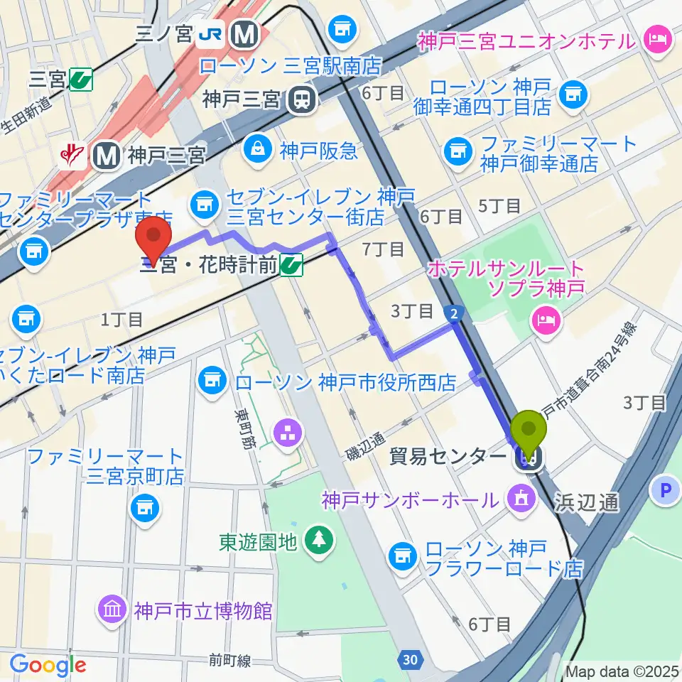 貿易センター駅から島村楽器 三宮オーパ店へのルートマップ地図