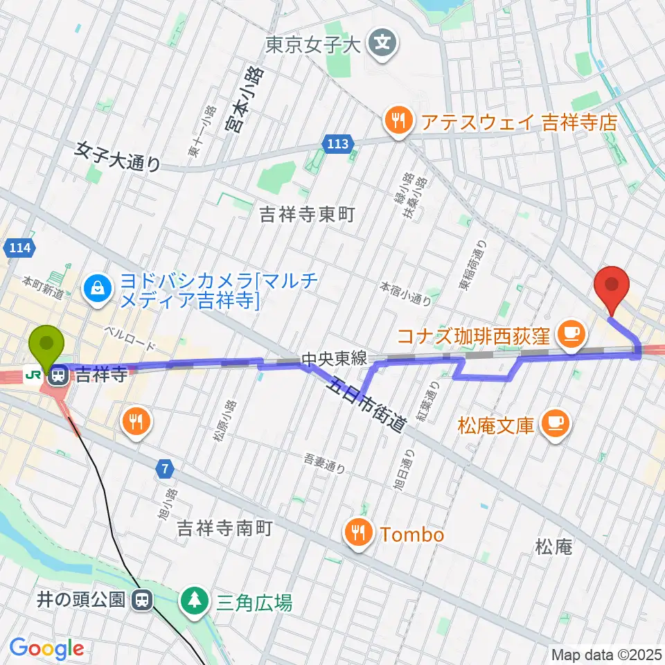 吉祥寺駅からスタジオ・アクセリへのルートマップ地図