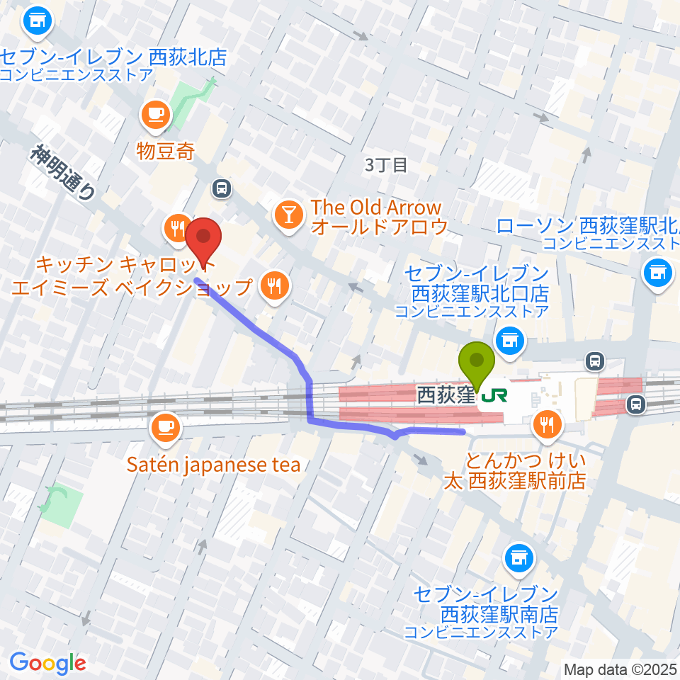 スタジオ・アクセリの最寄駅西荻窪駅からの徒歩ルート（約3分）地図