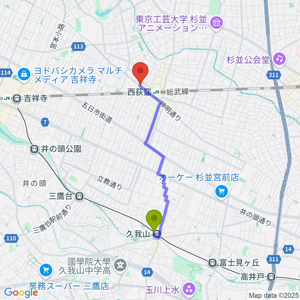 久我山駅からスタジオ・アクセリへのルートマップ地図