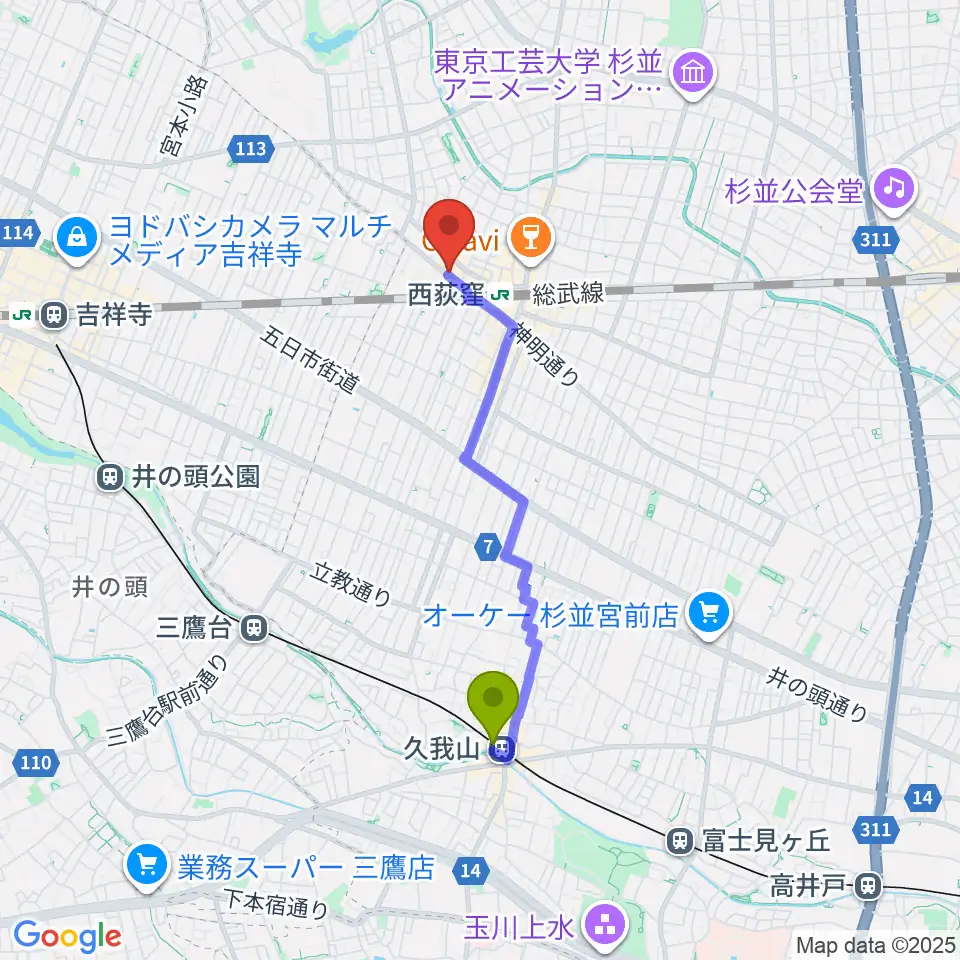 久我山駅からスタジオ・アクセリへのルートマップ地図
