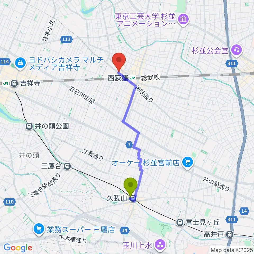 久我山駅からスタジオ・アクセリへのルートマップ地図