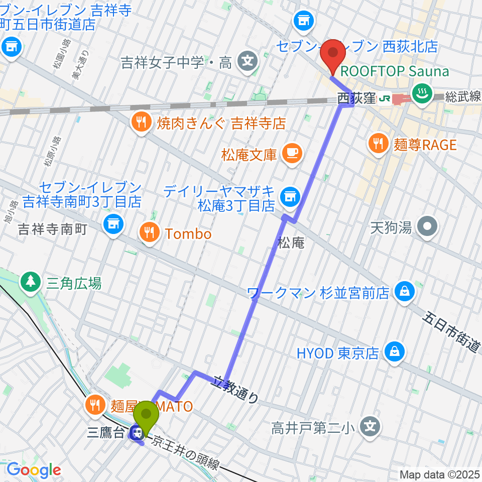 三鷹台駅からスタジオ・アクセリへのルートマップ地図