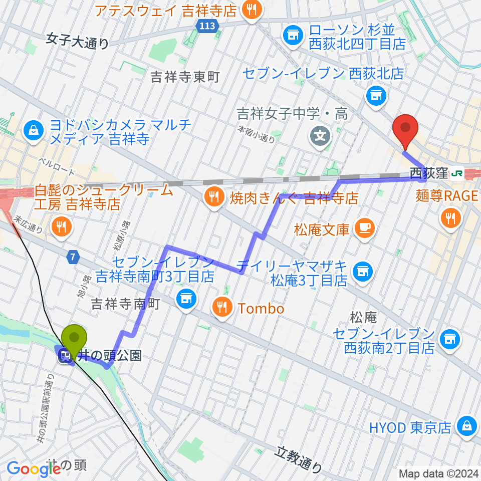 井の頭公園駅からスタジオ・アクセリへのルートマップ地図