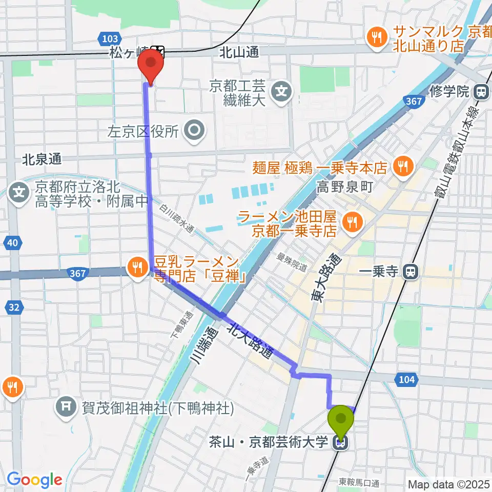 茶山駅からなないろのふうせん音楽教室へのルートマップ地図
