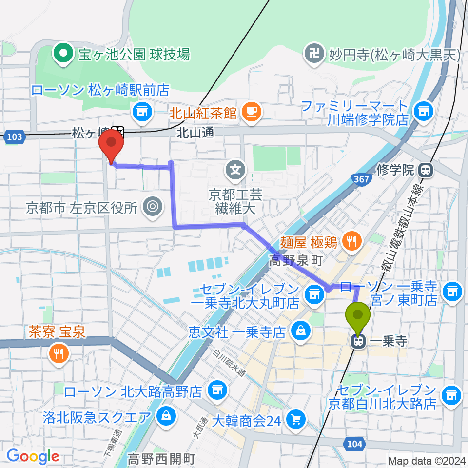 一乗寺駅からなないろのふうせん音楽教室へのルートマップ地図