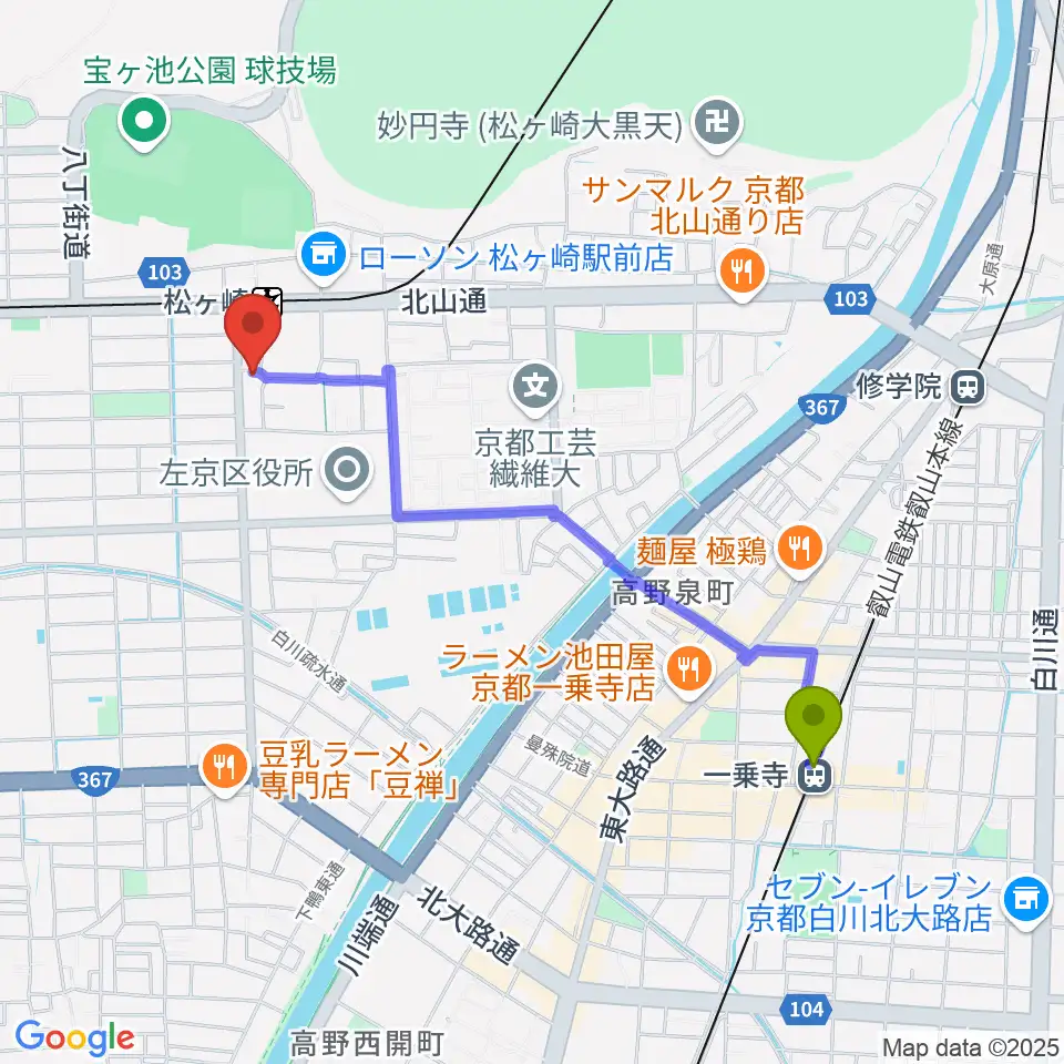一乗寺駅からなないろのふうせん音楽教室へのルートマップ地図
