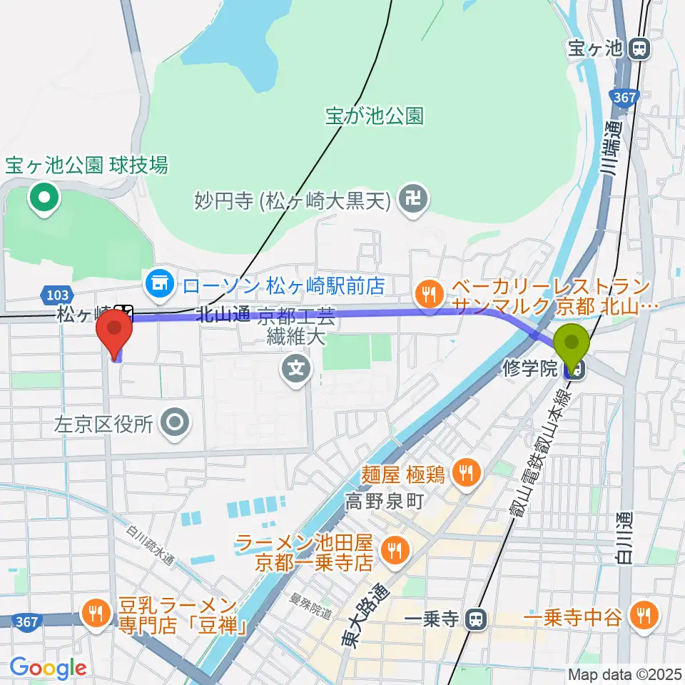 修学院駅からなないろのふうせん音楽教室へのルートマップ地図