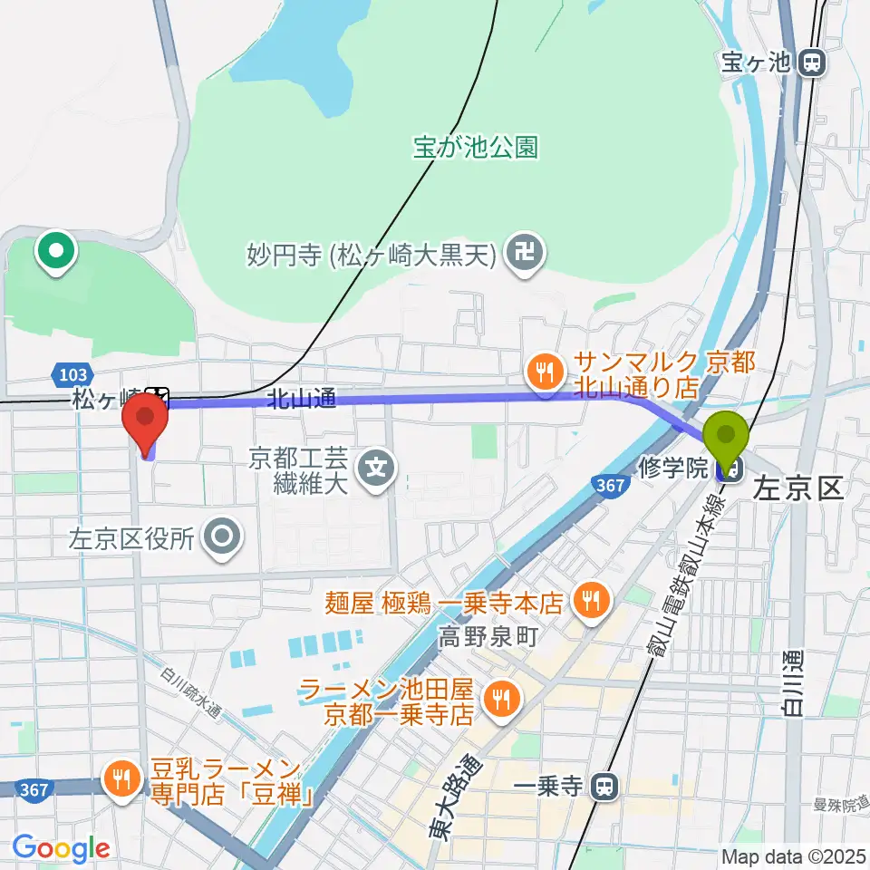 修学院駅からなないろのふうせん音楽教室へのルートマップ地図