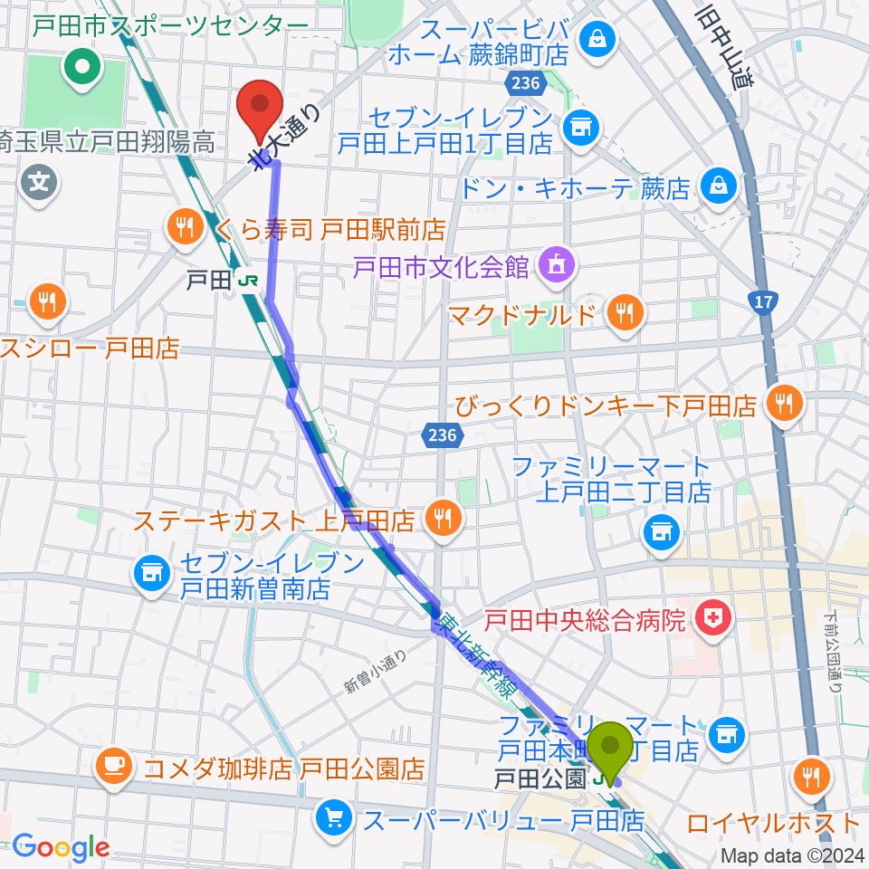 戸田公園駅からサクライ楽器ピアノアトリエへのルートマップ地図