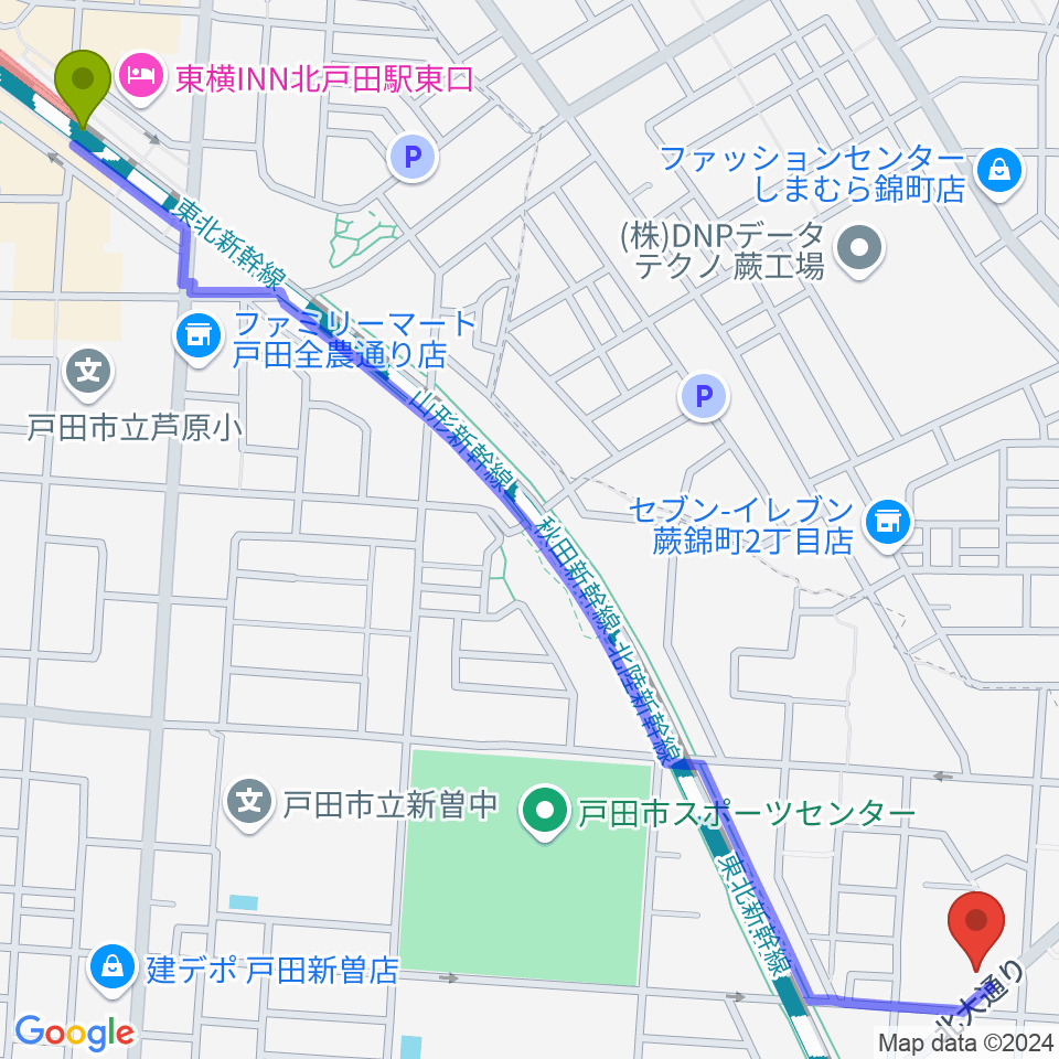 北戸田駅からサクライ楽器ピアノアトリエへのルートマップ地図