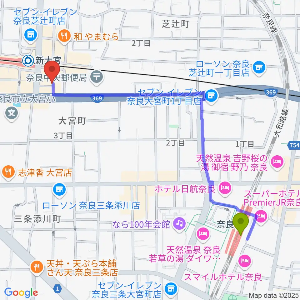 奈良駅から奈良・新大宮ぽこあぽこピアノ教室へのルートマップ地図