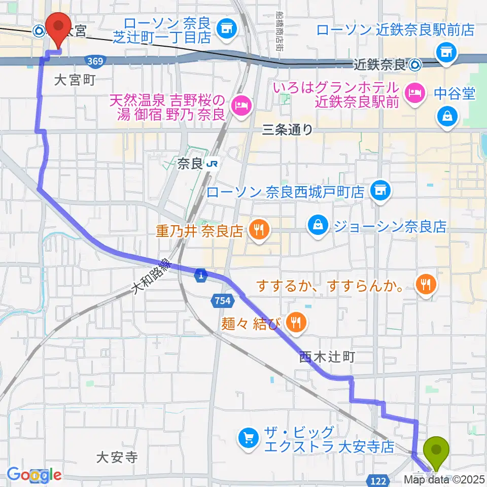 京終駅から奈良・新大宮ぽこあぽこピアノ教室へのルートマップ地図