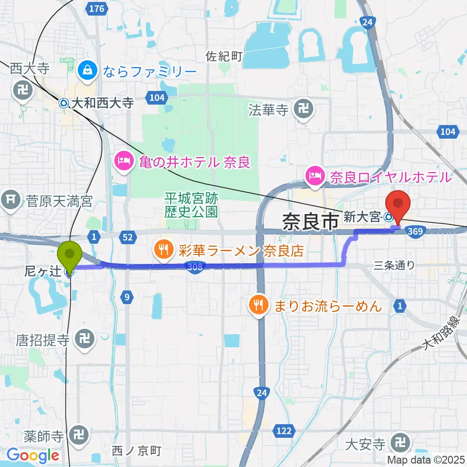 尼ヶ辻駅から奈良・新大宮ぽこあぽこピアノ教室へのルートマップ地図