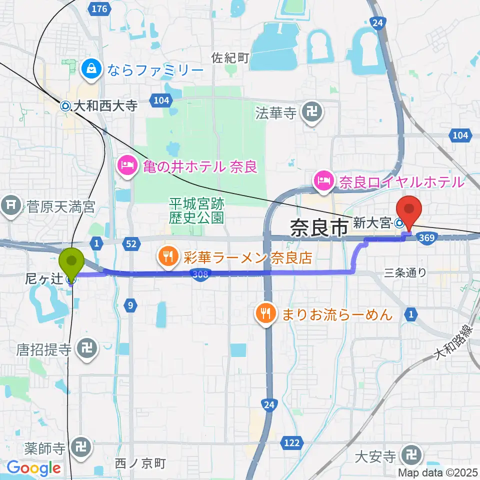 尼ヶ辻駅から奈良・新大宮ぽこあぽこピアノ教室へのルートマップ地図