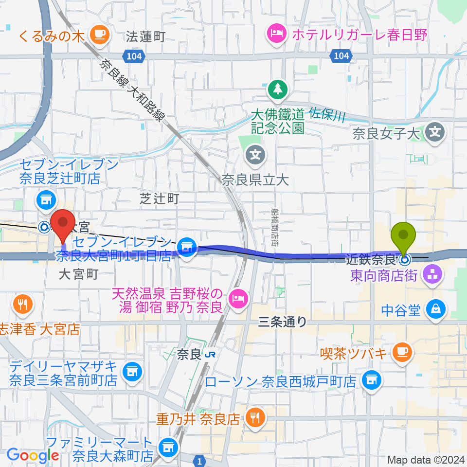 近鉄奈良駅から奈良・新大宮ぽこあぽこピアノ教室へのルートマップ地図