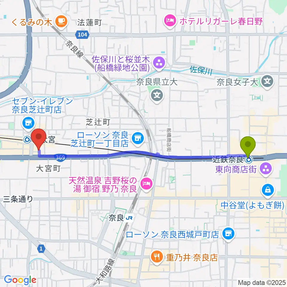 近鉄奈良駅から奈良・新大宮ぽこあぽこピアノ教室へのルートマップ地図