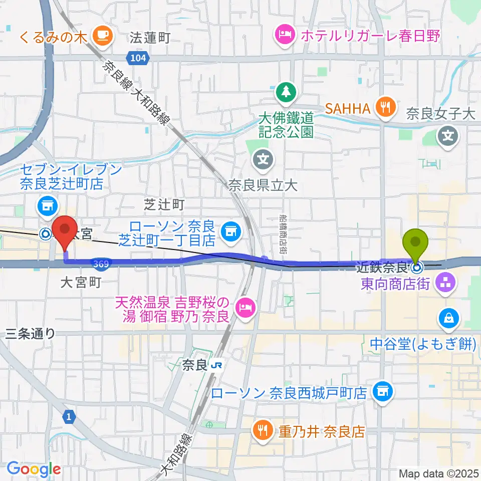 近鉄奈良駅から奈良・新大宮ぽこあぽこピアノ教室へのルートマップ地図