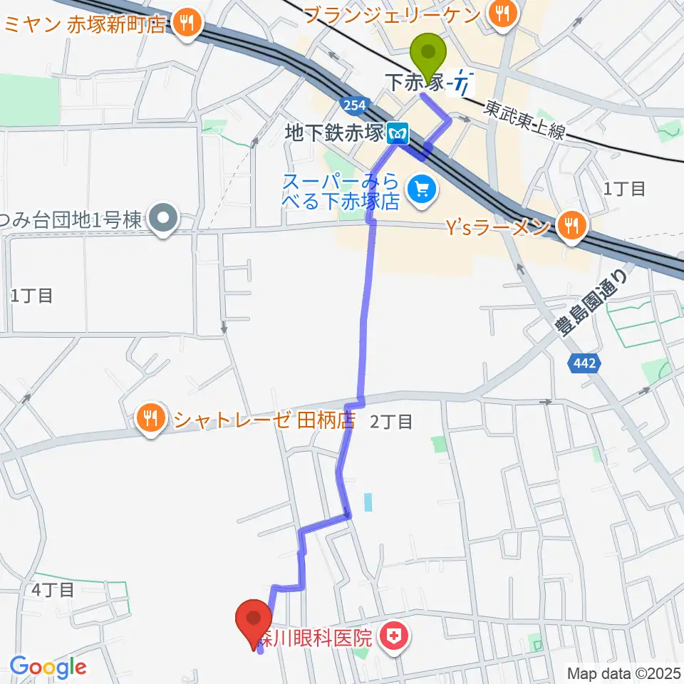 秋田聖美ピアノ教室 ぴあののおけいこの最寄駅下赤塚駅からの徒歩ルート（約13分）地図