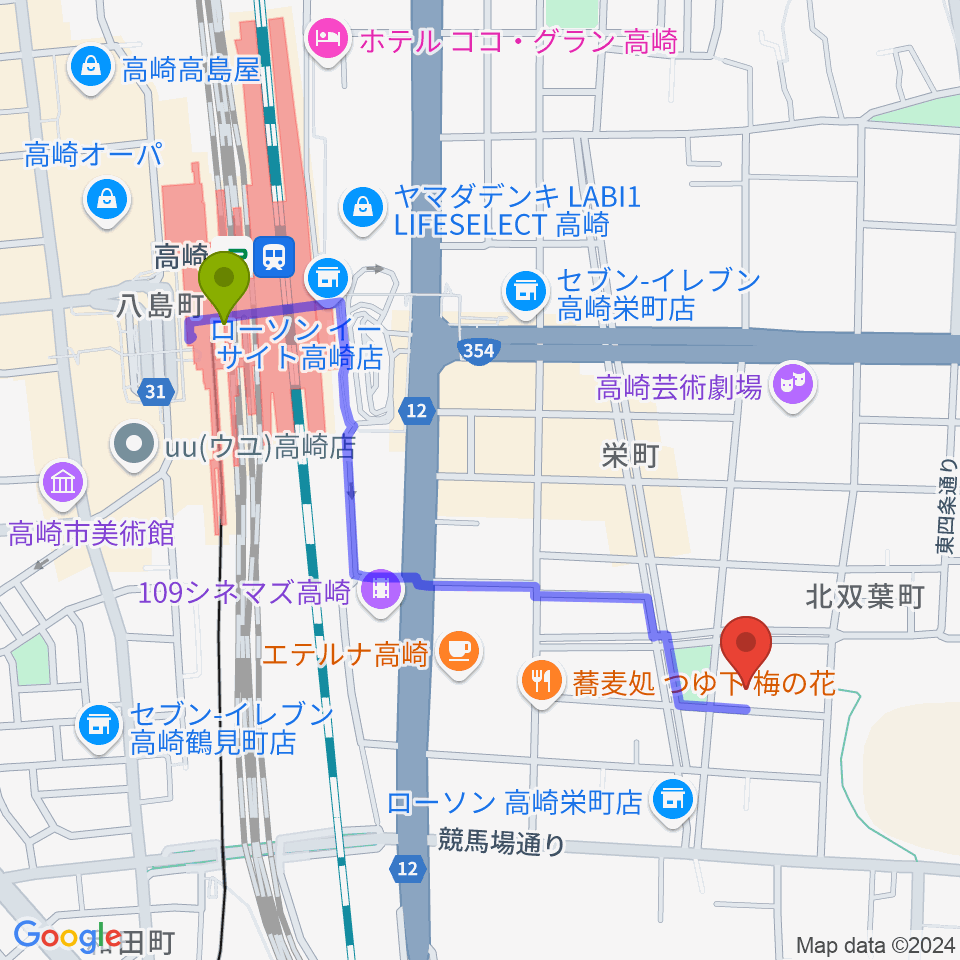 ピアノスクール・メヌエットの最寄駅高崎駅からの徒歩ルート（約10分）地図