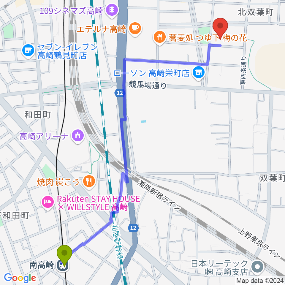 南高崎駅からピアノスクール・メヌエットへのルートマップ地図