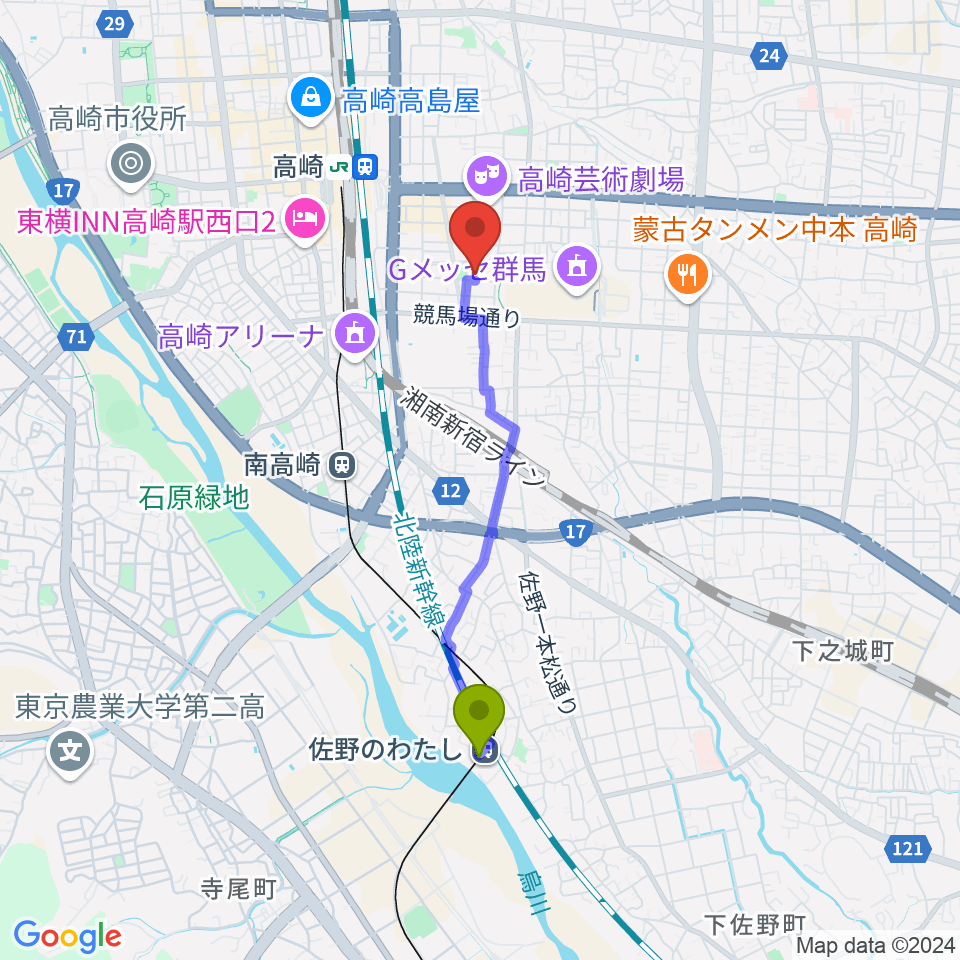 佐野のわたし駅からピアノスクール・メヌエットへのルートマップ地図