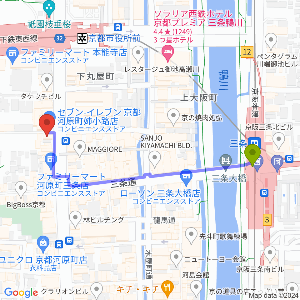 三条駅からBIGBOSS京都へのルートマップ地図